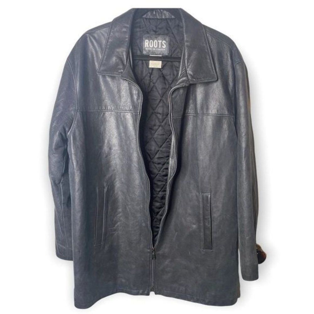 Roots “Richard” Leather Car Coat Vintage Black Treated size L Zip Front Y